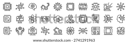 Set of 30 outline icons related to chip. Linear icon collection. Editable stroke. Vector illustration