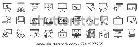 Set of 30 outline icons related to whiteboard. Linear icon collection. Editable stroke. Vector illustration