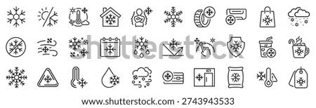 Set of 30 outline icons related to snowflake. Linear icon collection. Editable stroke. Vector illustration