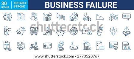Set of 30 outline icons related to Business failure. Linear icon collection. Editable stroke. Vector illustration