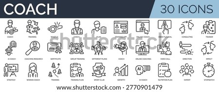 Set of 30 outline icons related to coach. Linear icon collection. Editable stroke. Vector illustration