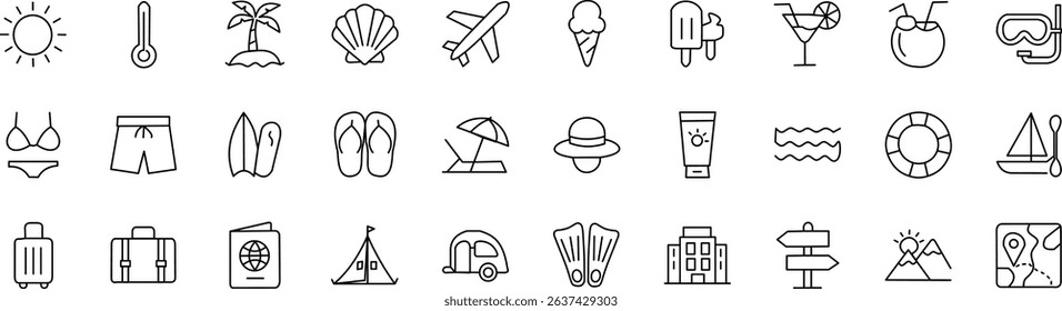 set of 30 outline icons, sign, symbol, button related to vacation