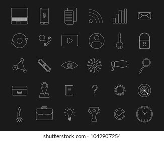 Set of 30 outline minimalistic web icons related to devices, technologies, business, communication and interactions