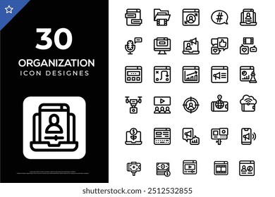 Set of 30 outline organization icons related to business. Linear icon collection. Editable stroke. Vector illustration