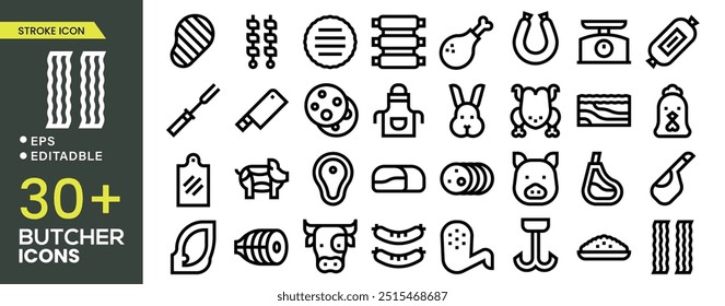 set of 30 outline web butcher shop icons such as tenderizer, scraper, bag, hook, beef, butcher, label, skewer vector thin line icons for web design, mobile app.