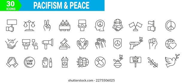 set of 30 Pacifism and Peace line icons. Editable stroke. vector illustration