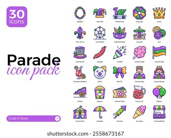 Set of 30 Parade Icons, Including Balloon, Carnival Booth, Clown, and More – Vector Illustrations