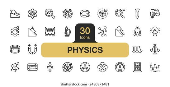 Set of 30 Physics icon element sets. Includes Atom, Molecule, Electron, Proton, Photon, Quark, Microscope, Voltmeter, Magnetism, Gravity, and More. Outline icons vector collection.