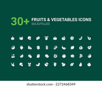 Set of 30 Plus Solid, Fruits and Vegetables Icons