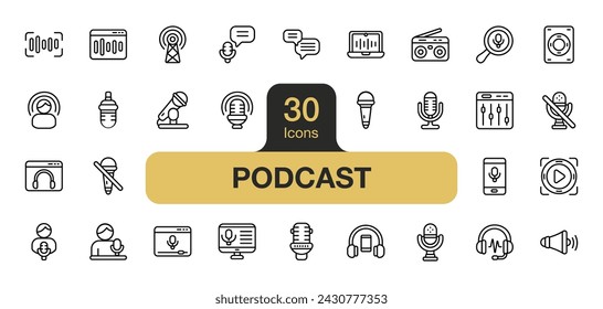 Conjunto de 30 elementos de iconos de podcast. Incluye altavoz, micrófono, mezclador, en el aire, radio, difusión y más. Colección de vectores de iconos de contorno.