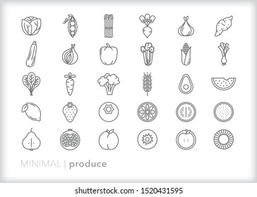 Set of 30 produce line icons of fruit and vegetables from the farmers market or grocery