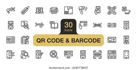 Set of 30 Qr code and barcode icon element set. Includes smartphone, product, receipt, menu, card, scanner, and More. Outline icons vector collection.