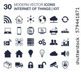 Set of 30 quality icons about internet of things (IOT) technology (shapes of wireless connected objects, cloud network, smart home) with flat design