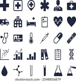 Set of 30 quality icons about health care and medical (shapes of stethoscope, doctor, medicine cross, star of life, ambulance, first aid kit, DNA, plaster, syringe) with flat design