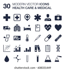 Set Of 30 Quality Icons About Health Care And Medical (shapes Of Stethoscope, Doctor, Medicine Cross, Star Of Life, Ambulance, First Aid Kit, DNA, Plaster, Syringe) With Flat Design
