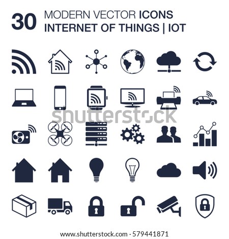 Set of 30 quality icons about internet of things (IOT) technology (shapes of wireless connected objects, cloud network, smart home) with flat design