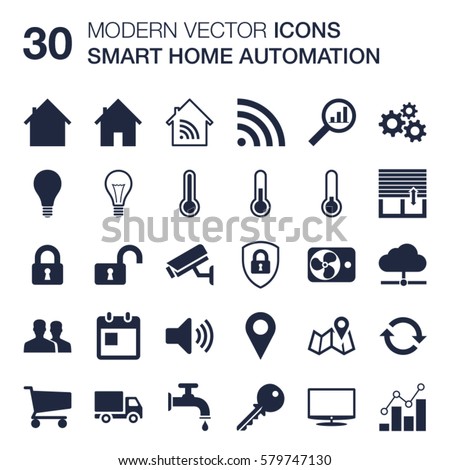 Set of 30 quality icons about smart home automation technology (shapes of home, light bulb, thermostat, security, e-commerce, connected appliances) with flat design