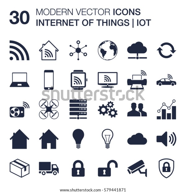 Iot Internet Of Things テクノロジに関する30個の品質アイコンのセット ワイヤレス接続オブジェクトの形状 クラウドネットワーク スマートホーム とフラットデザイン のベクター画像素材 ロイヤリティフリー