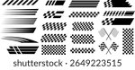 Set of 30 racing stripe and checkered flag elements in black. Includes dynamic speed lines, car decals, and finish flag icons for motorsport, racing graphics, and branding