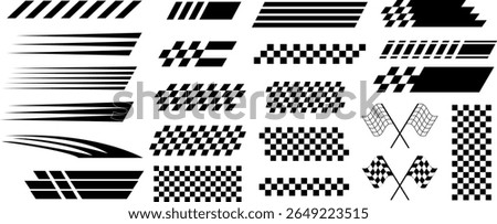 Set of 30 racing stripe and checkered flag elements in black. Includes dynamic speed lines, car decals, and finish flag icons for motorsport, racing graphics, and branding