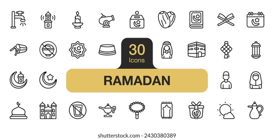 Satz von 30 Ramadan Icon Element Set. Enthält Laterne, Muslim, Kaaba, Gebet, Maske und mehr. Gliederungssymbole, Vektorsammlung.