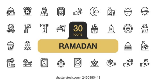 Set of 30 Ramadan icon element sets. Includes crescent moon, charity, meal, no drinks, mosque, and More. Outline icons vector collection.