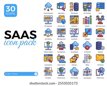 Set of 30 SaaS Icons, Including Access Control, API Integration, Cloud Backup, and More – Vector Illustrations