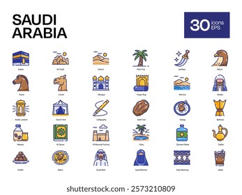 Set of 30 Saudi Arabia Icons, Including Kaaba, At-Turaif, Desert, and More – Vector Illustrations