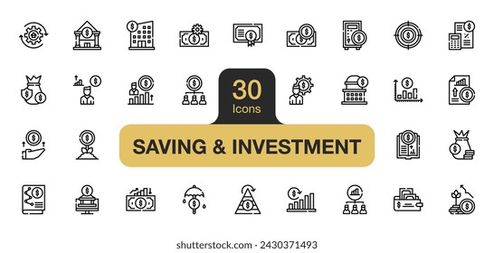 Set of 30 Saving and investment icon element sets. Includes manager, deposit, banking, management, profit, money, income, and More. Outline icons vector collection.