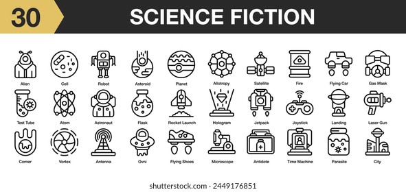 Set of 30 science fiction icon set. Includes alien, asteroid, corner, city, flying car, jetpack, planet, and More. Outline icons vector collection.