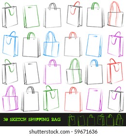 Juego de 30 bolsas de compras. Ilustración vectorial.