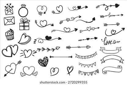 Un conjunto de más de 30 ilustraciones simples de líneas negras de corazones, flechas, alas y otros objetos relacionados con el amor