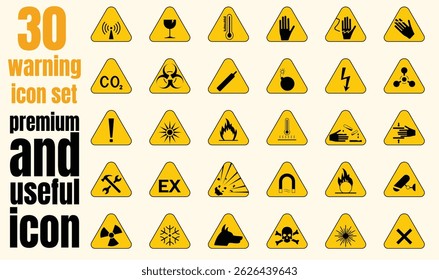 Conjunto de 30 sinais de aviso triangulares amarelos simples com vários símbolos de perigo. Ideal para alertas de segurança, uso industrial e identificação de riscos.
