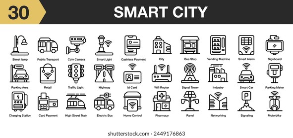 Conjunto de 30 iconos de la ciudad inteligente. Incluye moto, torre, coche, ciudad, panel, cctv, autobús, lámpara, y más. Colección de Vector de iconos de esquema.