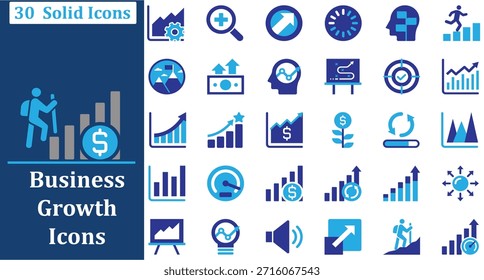 conjunto de 30 ícones sólidos de crescimento de negócios conjunto para análise, finanças, marketing, desempenho, sucesso, estratégia e design de ux da interface de usuário de visualização de dados. totalmente editável formato eps 10.