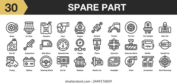 Juego de 30 piezas de repuesto conjunto de iconos. Incluye bocina, aceite de coche, acelerador, pistón, suspensión, freno y más. Colección de Vector de iconos de esquema.