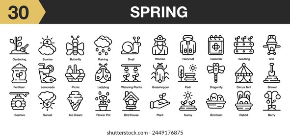 Set of 30 spring icon set. Includes grill, park, raining, shovel, sunrise, bird nest, picnic, and More. Outline icons vector collection.