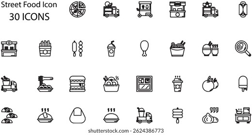 Set of 30 Street Food Icons. Vector Illustrations for Food Truck and Cuisine Designs.
