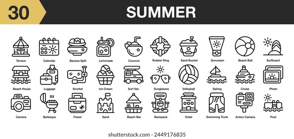 Set of 30 summer icon set. Includes action, backpack, camera, lemonade, pool, sutf, van, ice cream, and More. Outline icons vector collection.