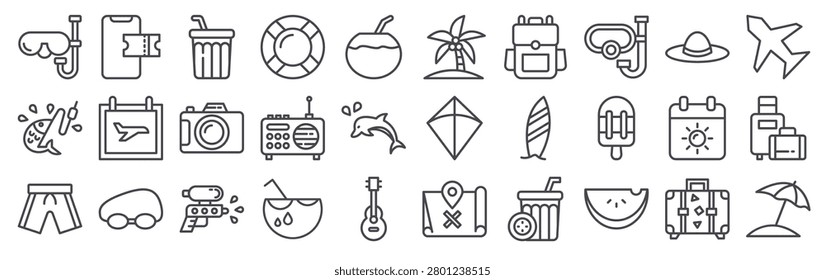 Set of 30 summer vacation line icons including beach, travel, suroard, scuba diving, cocktail, guitar, lifeguard, swimming, calendar, tropical activities in thin outline stroke style