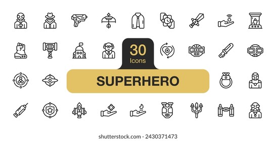 Set of 30 Superhero icon element sets. Includes Hammer, villain, Trident, Helmet, Telekinesis, Robot, Teleport, Sword, and More. Outline icons vector collection.