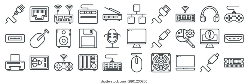 Set of 30 technology computer thin line icons including keyboard, mouse, USB cable, printer, monitor, storage, HDMI, ethernet, microphone, speaker and more hardware accessories