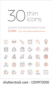 Set of 30 Thin Icon Vector Designs for Mobile & Web App Design for Travel Tourism Fun Theme. ( Fully Scalable & Thickness Adjustable )