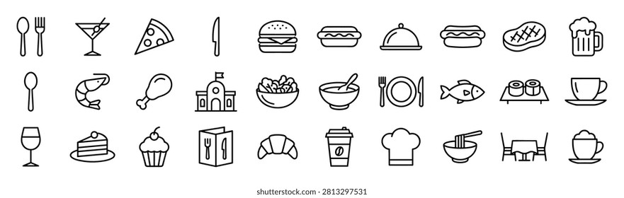 Set of 30 thin line food and drink icons including utensils, pizza, hamburger, hotdog, steak, beer, shrimp, chicken leg, salad, soup, fish, sushi, coffee, wine, cake, cupcake on transparent background