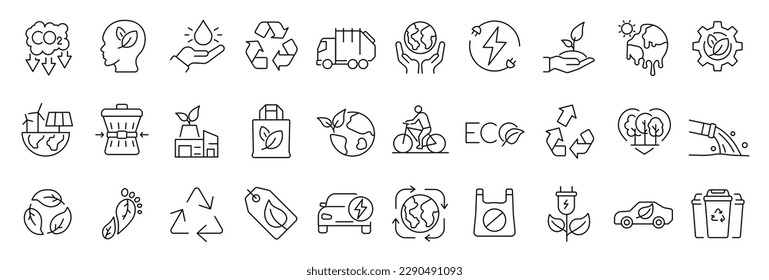 Set of 30 thin line icons related to sustainability, environmental, ecological, recyling, green, organic, industry. Linear ecology simple symbol collection.  vector illustration. Editable stroke - Shutterstock ID 2290491093