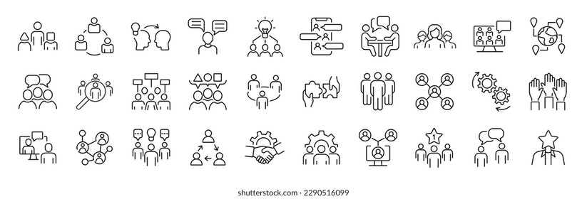 Set of 30 thin line icons related  team, teamwork, co-workers, cooperation. Linear busines simple symbol collection.  vector illustration. Editable stroke