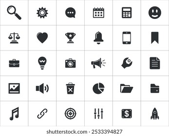 Un conjunto de 30 íconos universales que representan varios conceptos como búsqueda, Configuraciones, comunicación, calendario, felicidad, amor, éxito, notificación y más. Icono universal para el Web y el móvil