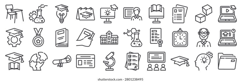 Set of 30 university thin line web icons including student card, microscope, schedule, grade, dean, psychology, diploma, book, classroom, lecturer, chemistry, exam and more