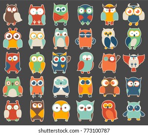 Set with 30 various cute owl on gray background. Vector flat illustration.