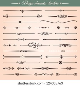 Set of 30 vector calligraphic design elements and page decoration, dividers and dashes